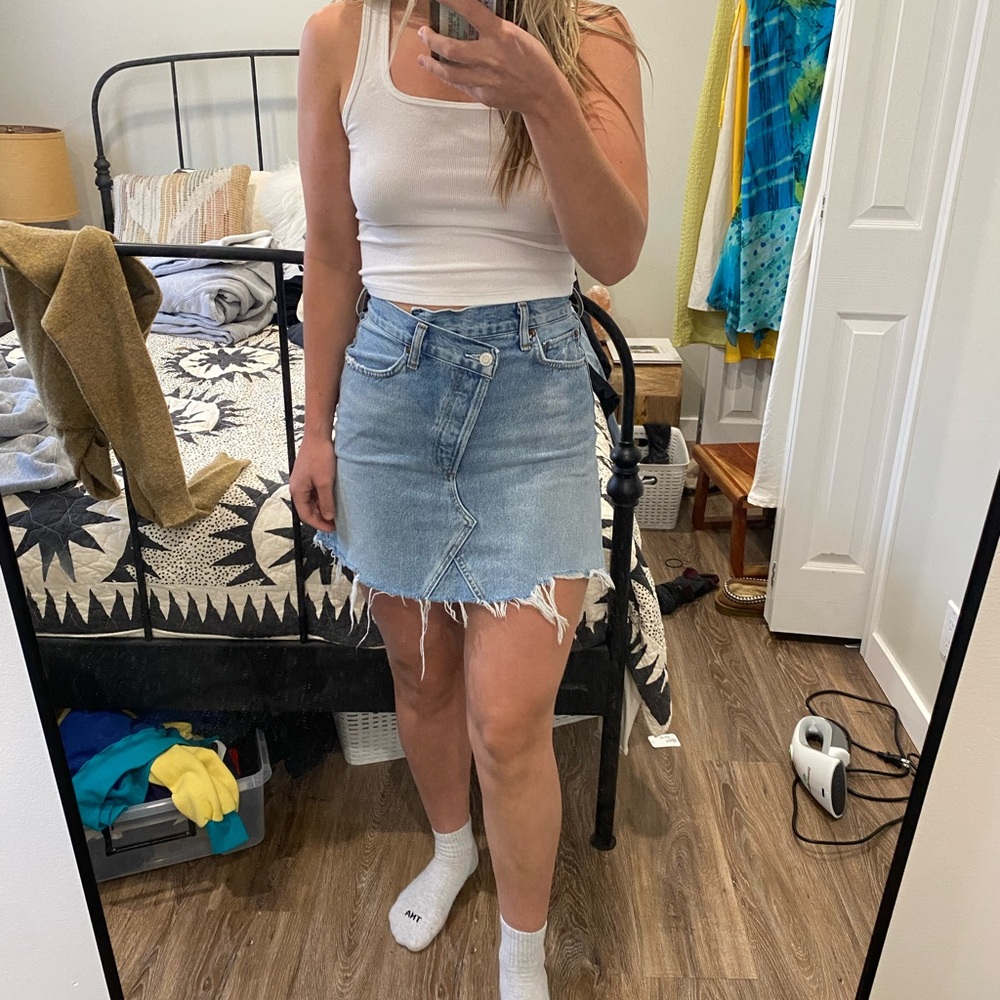 Agolde Denim Skirt Crisscross Frayed Hem 24